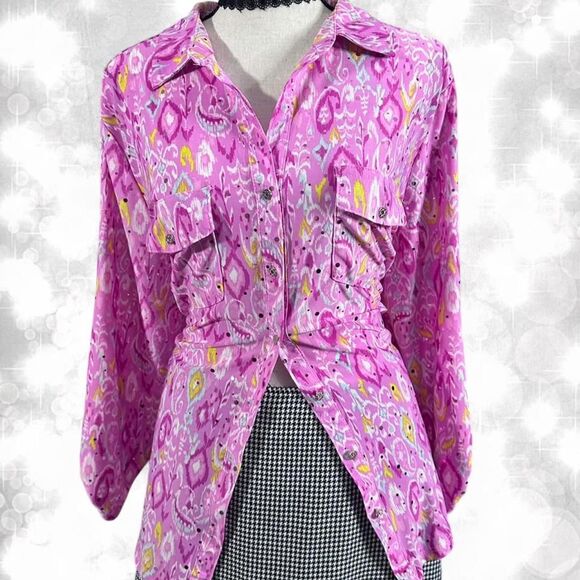 Source Unknown Tops - Fairycore Whimsical Pink Paisley Button Up Blouse With Sparkly Detail